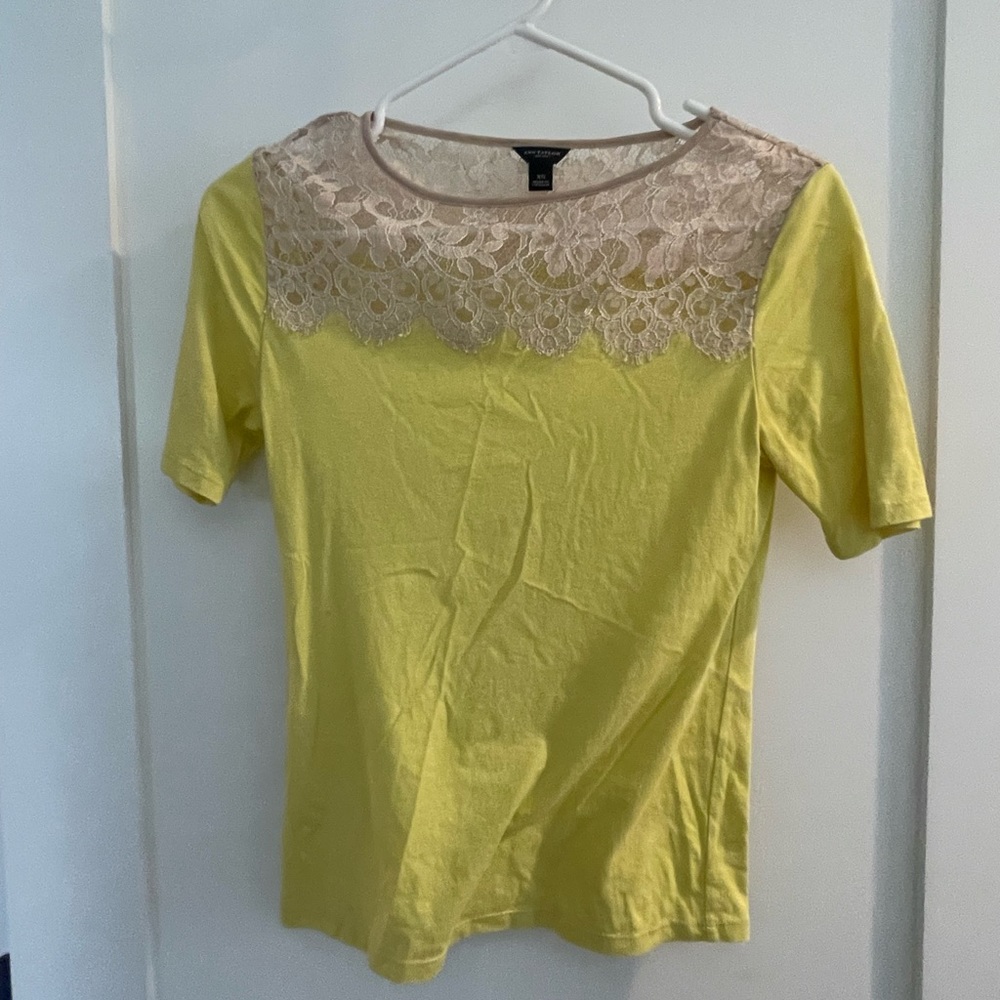 Ann Taylor Lime Green Lace Detail Short Sleeve Shirt